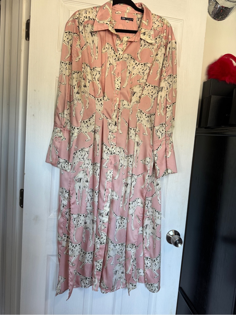 Zara Pink Dalmatian-Print Maxi Shirt Dress